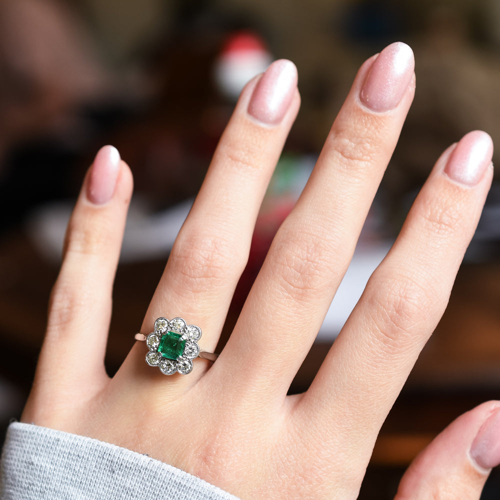 Art Deco Emerald & Diamond Cluster Ring