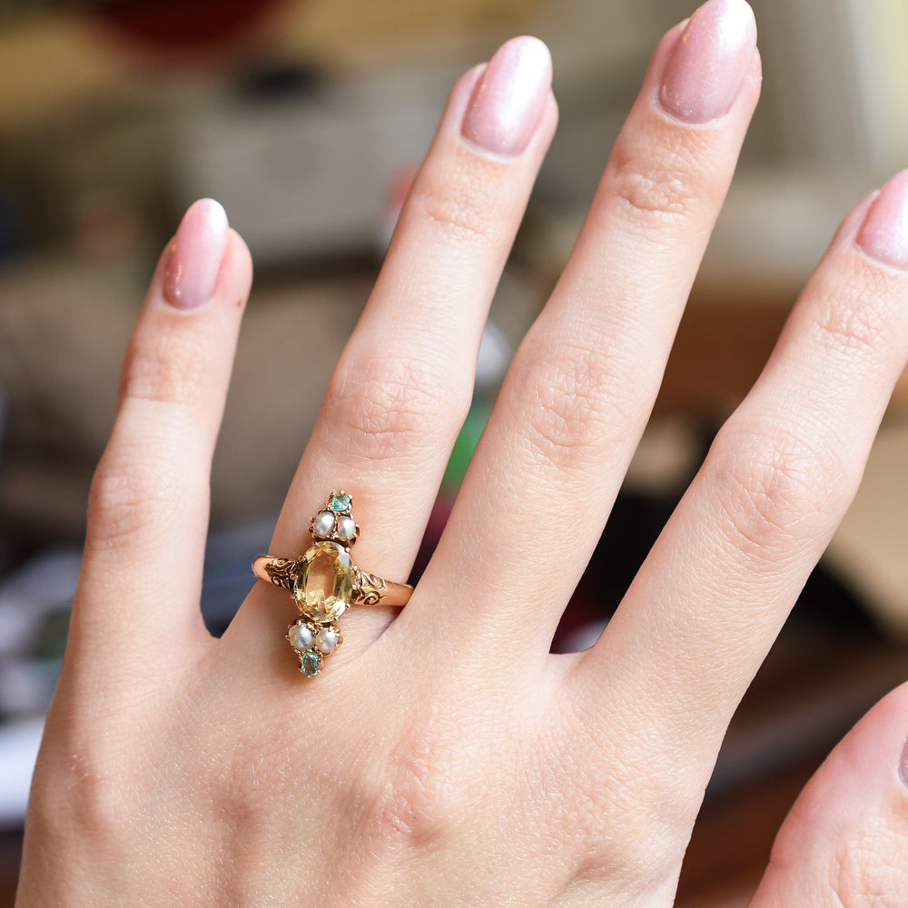 Victorian Topaz, Emerald & Pearl Ring