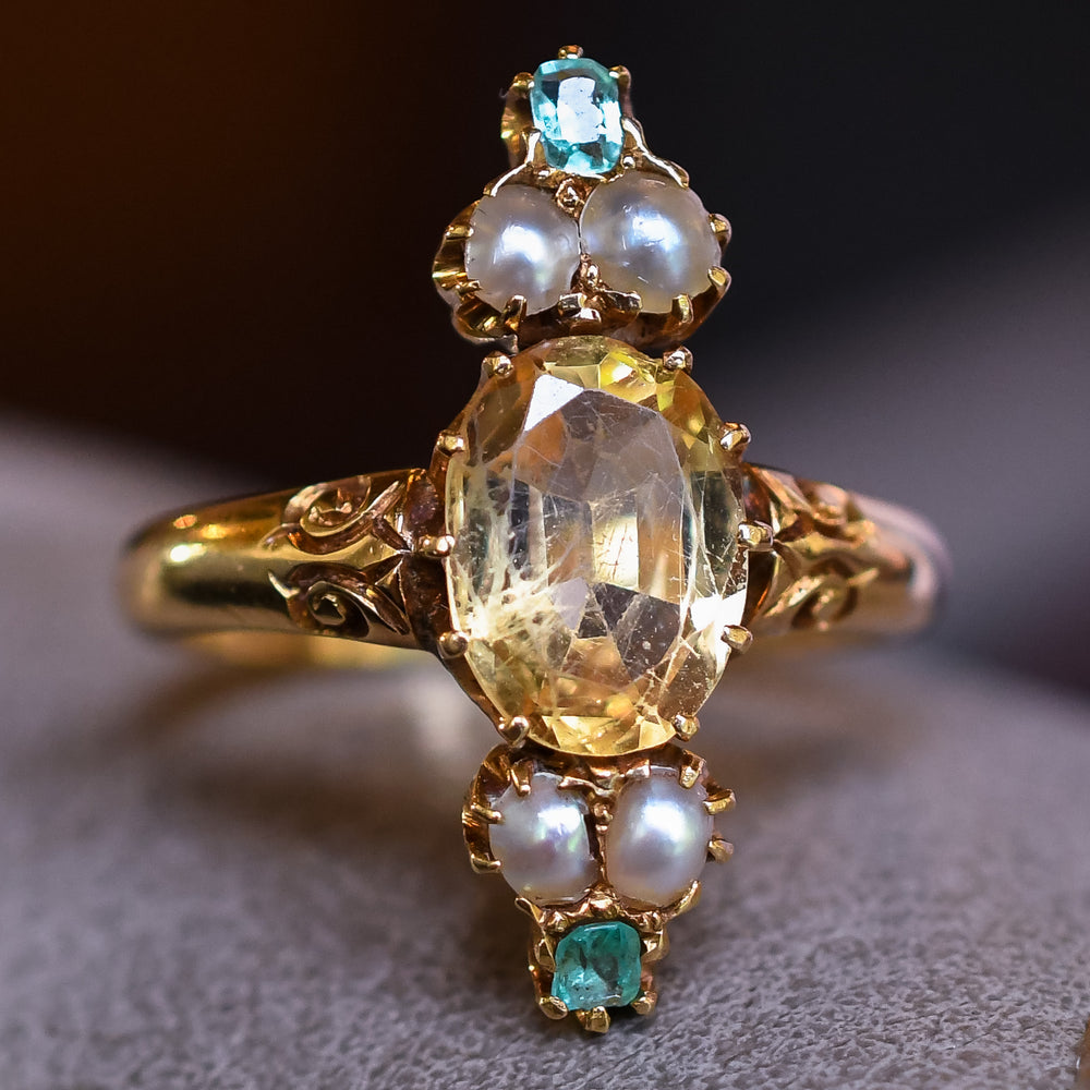 Victorian Topaz, Emerald & Pearl Ring