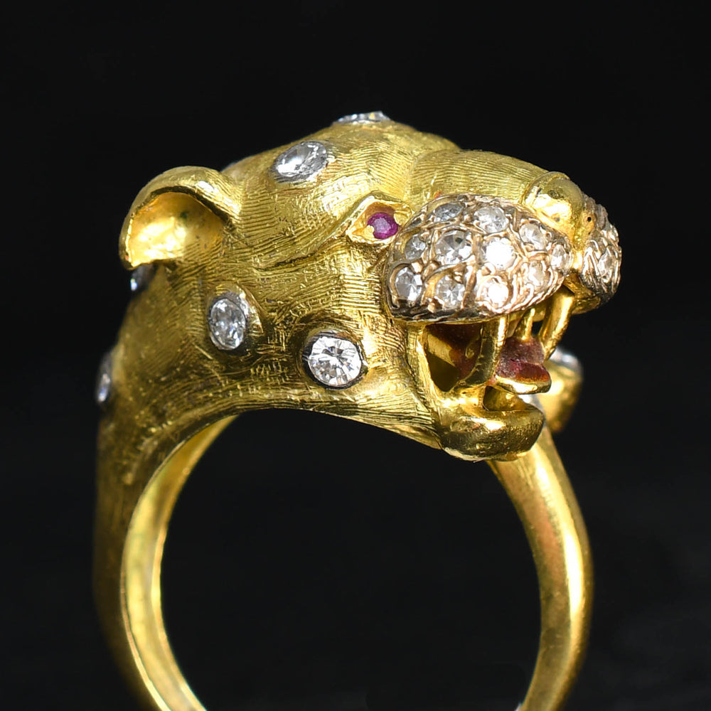 Vintage Diamond & Ruby 18k Gold Leopard Ring