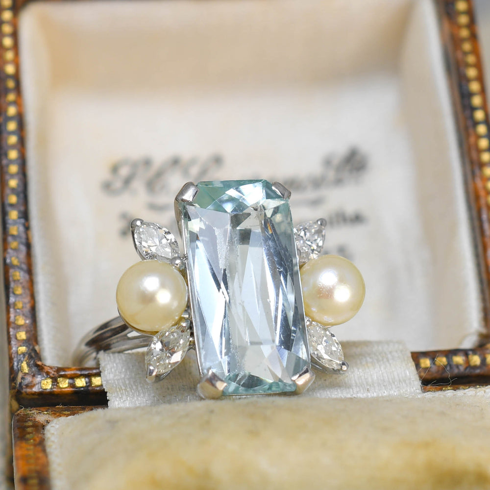 Mid-Century Aquamarine, Diamond & Pearl Cocktail Ring