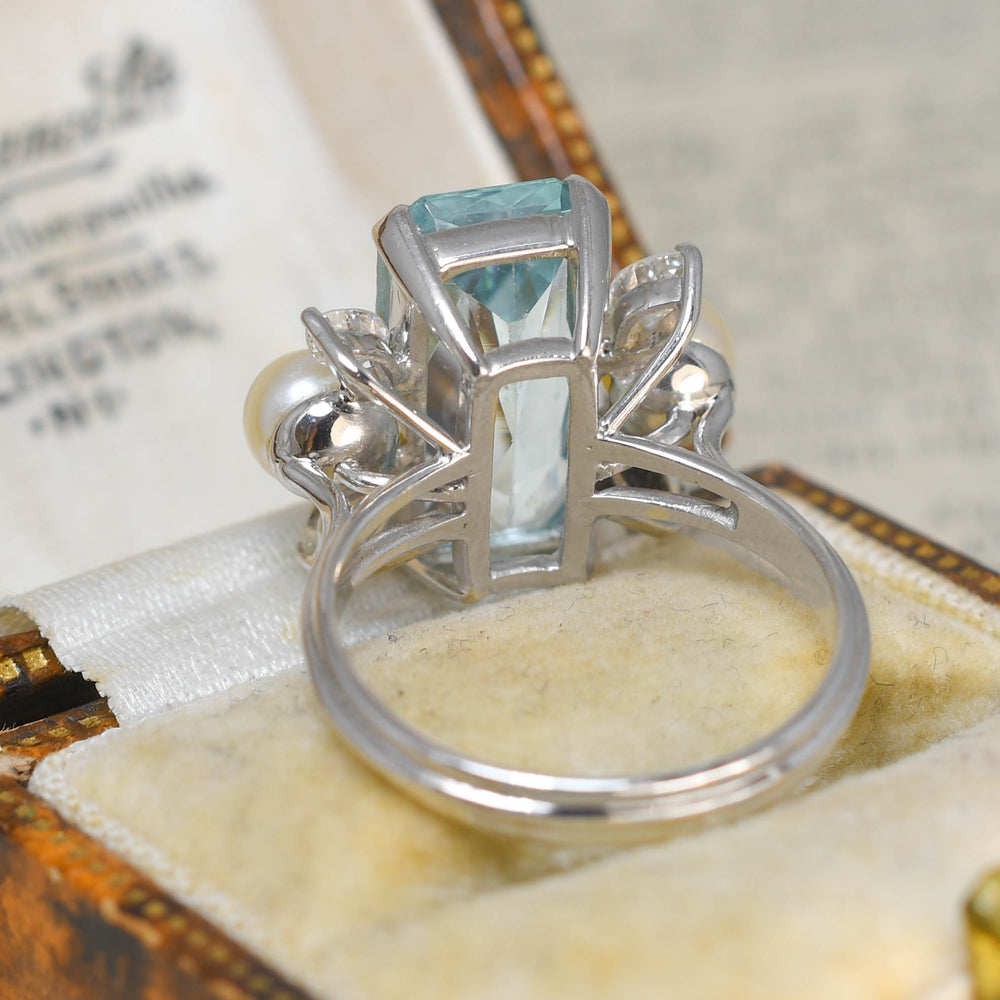Mid-Century Aquamarine, Diamond & Pearl Cocktail Ring