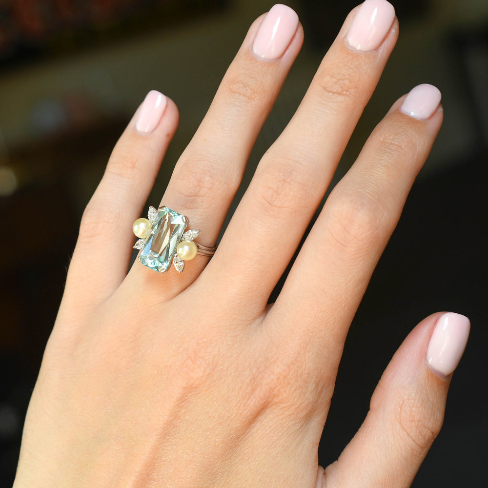 Mid-Century Aquamarine, Diamond & Pearl Cocktail Ring