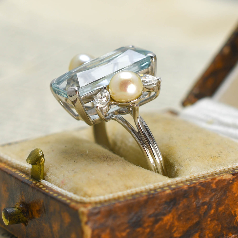 Mid-Century Aquamarine, Diamond & Pearl Cocktail Ring