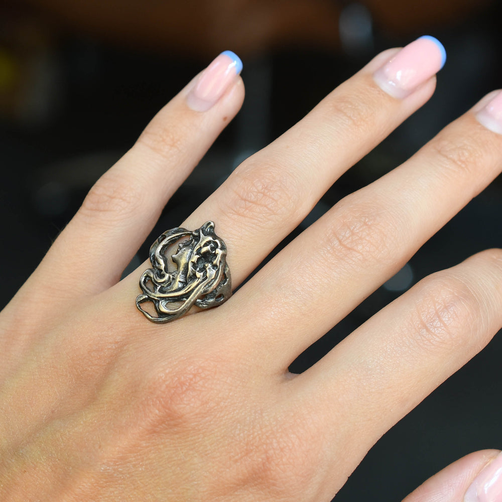 Art Nouveau Sterling Silver Maidens Head Ring