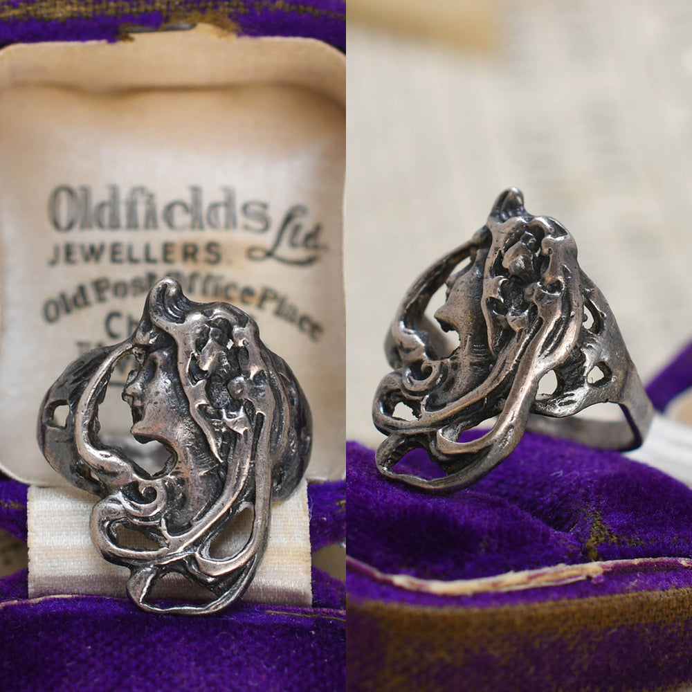 Art Nouveau Sterling Silver Maidens Head Ring
