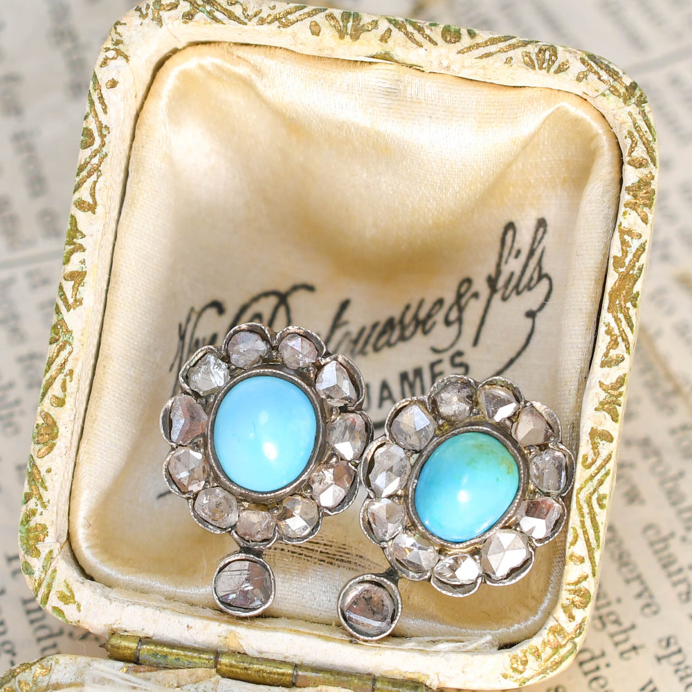 Georgian Turquoise & Rose Cut Diamond Cluster Stud Earrings