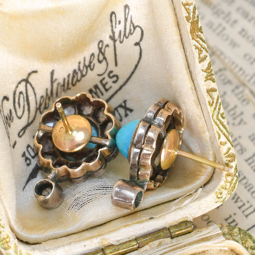 Georgian Turquoise & Rose Cut Diamond Cluster Stud Earrings