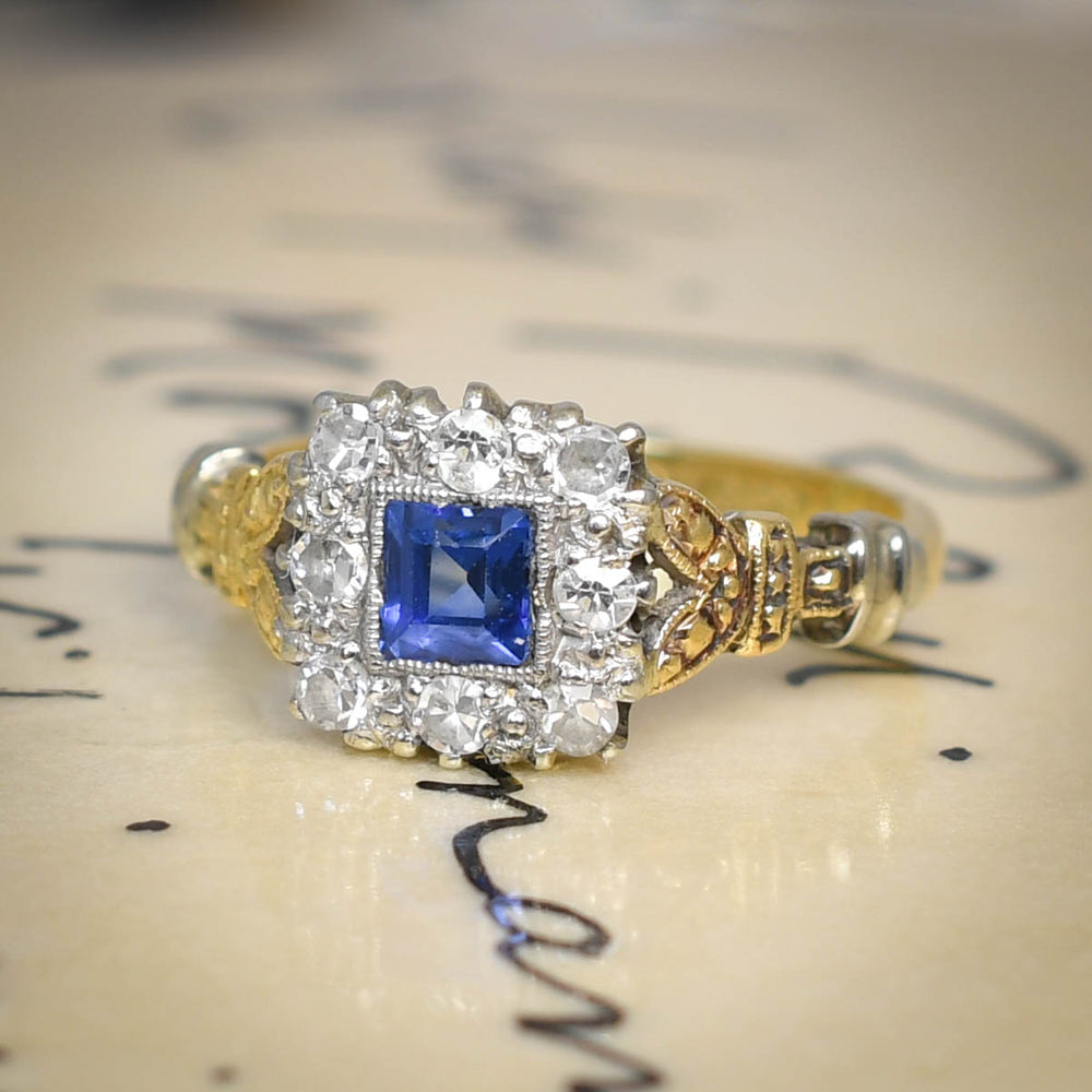 1930's Sapphire & Diamond Picture Frame Cluster Ring
