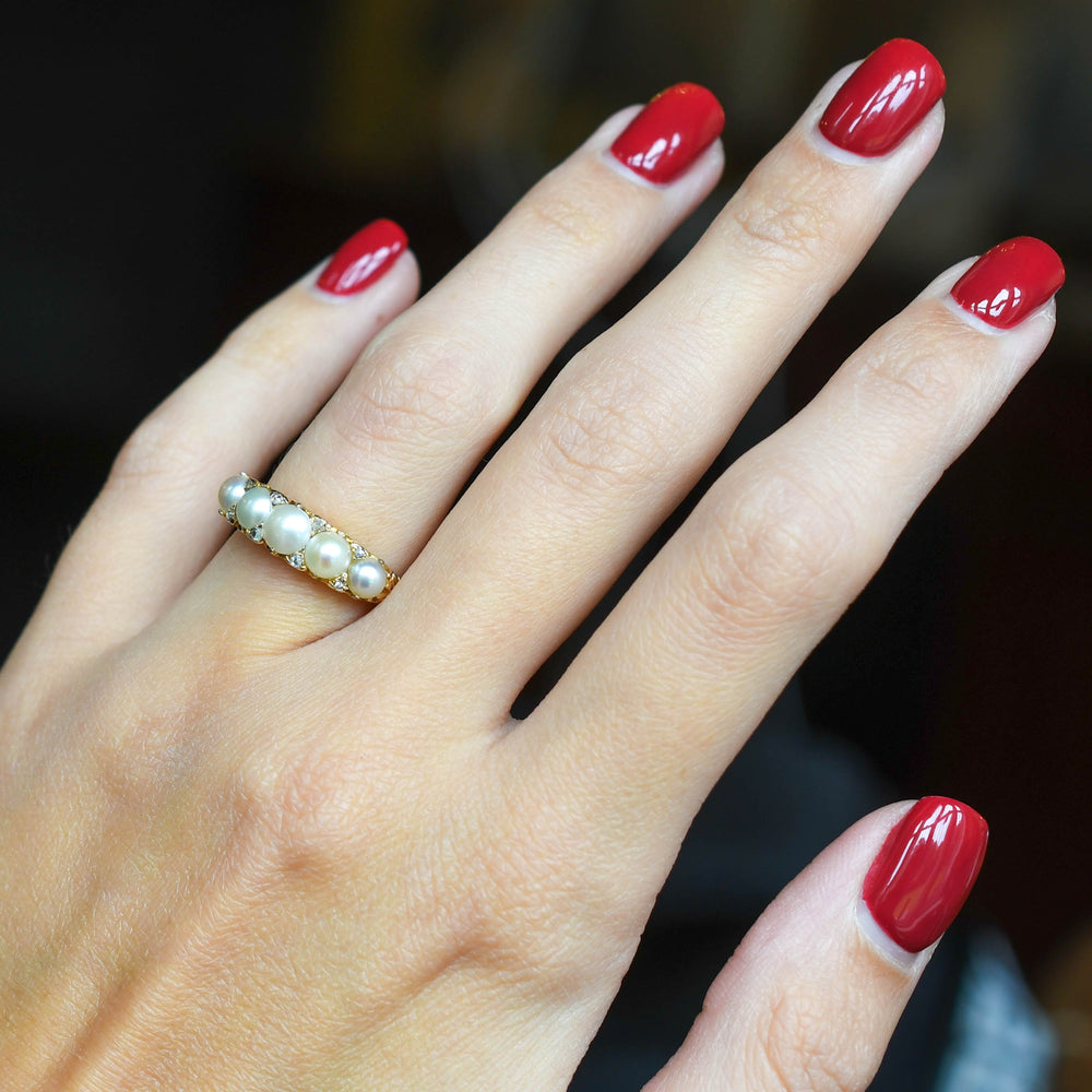 Victorian Pearl & Diamond Carved Half Hoop Ring