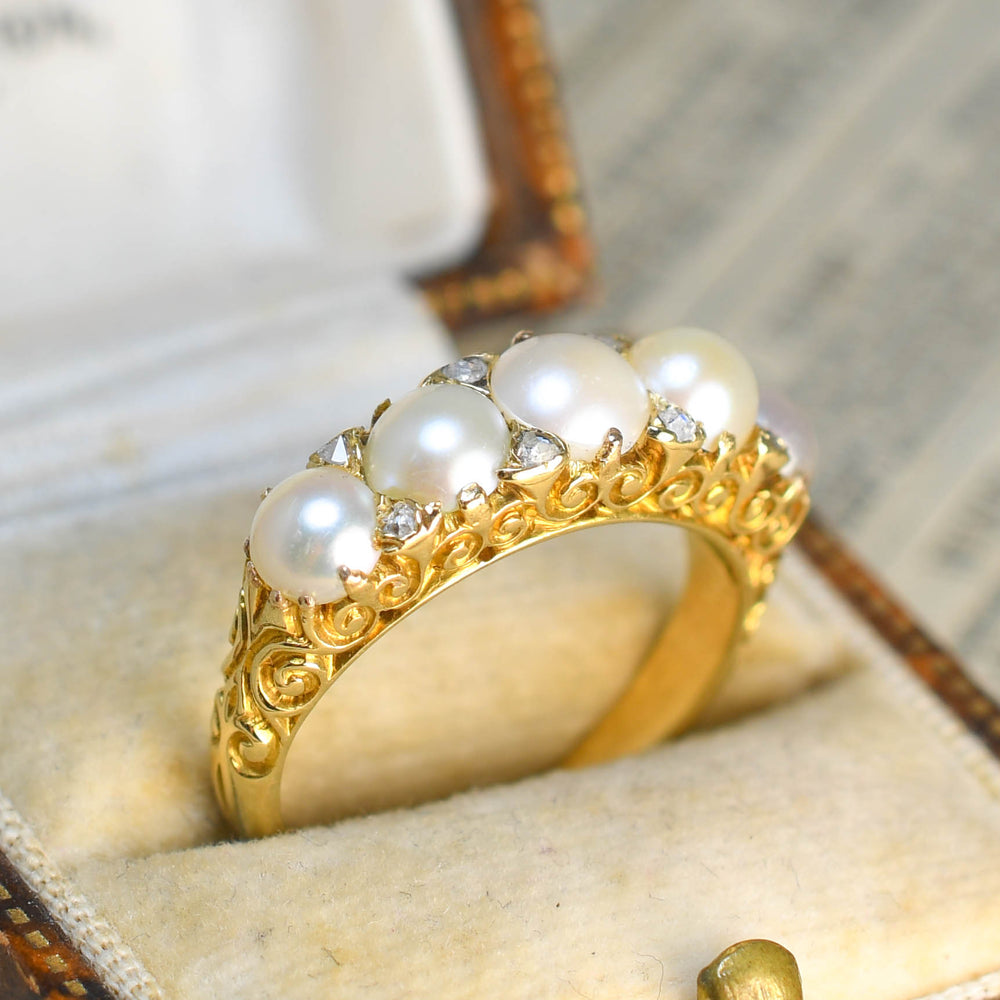 Victorian Pearl & Diamond Carved Half Hoop Ring