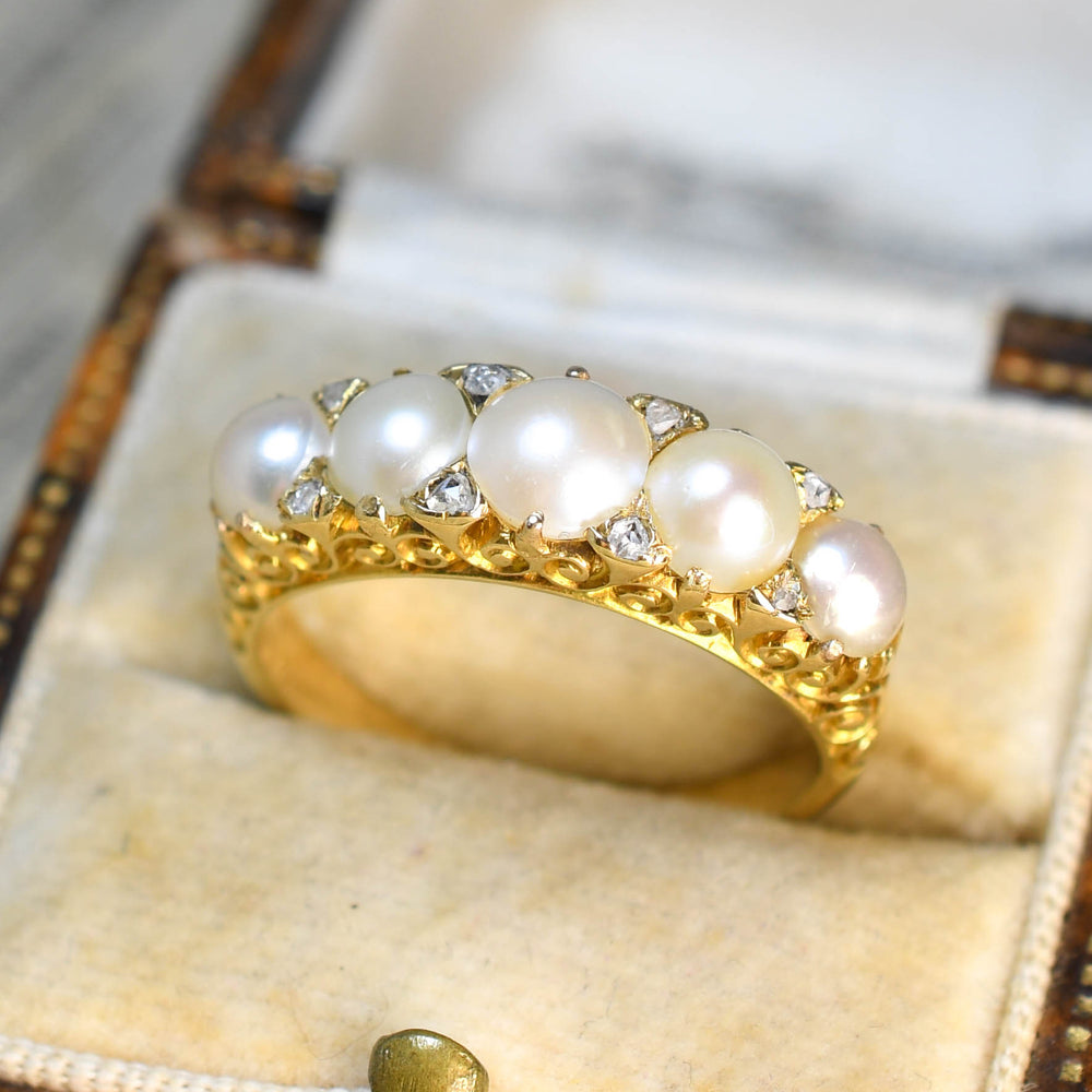 Victorian Pearl & Diamond Carved Half Hoop Ring