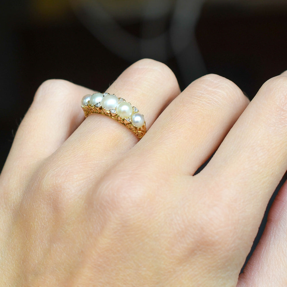 Victorian Pearl & Diamond Carved Half Hoop Ring