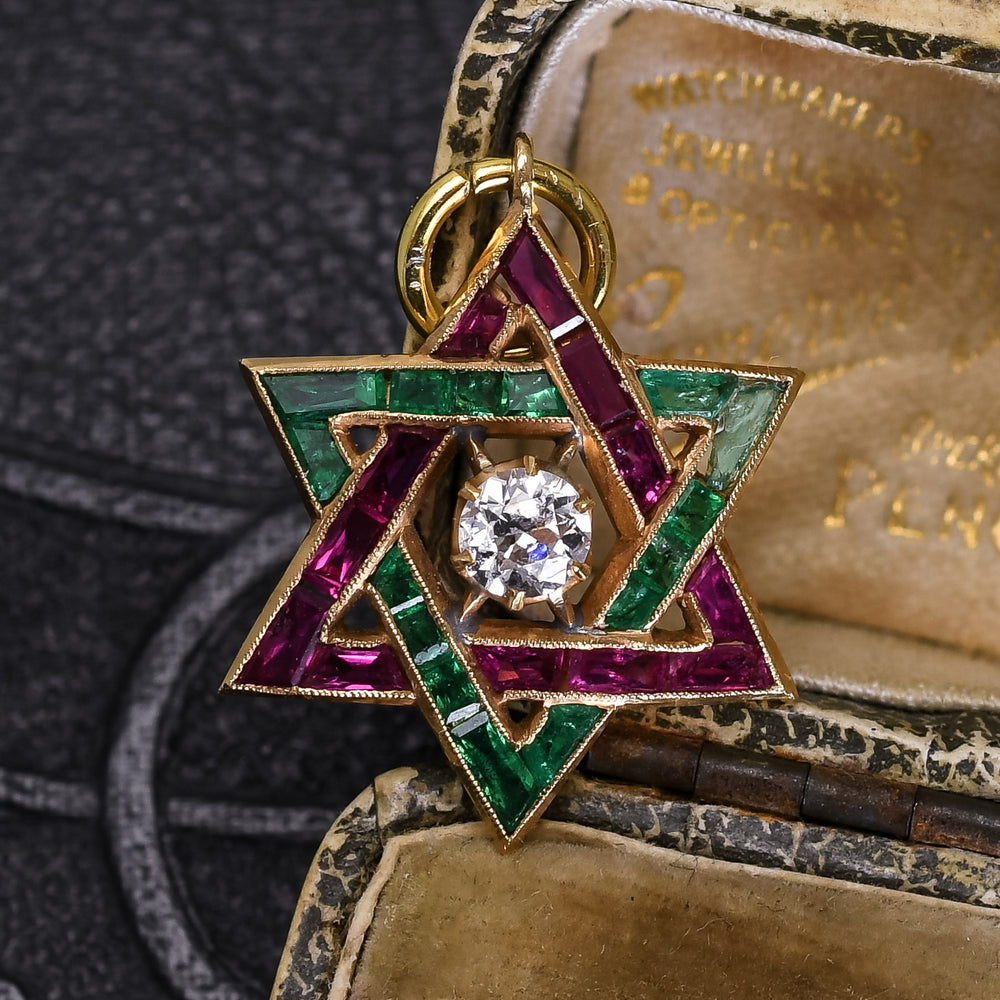 Art Deco Diamond, Emerald & Ruby Star Charm