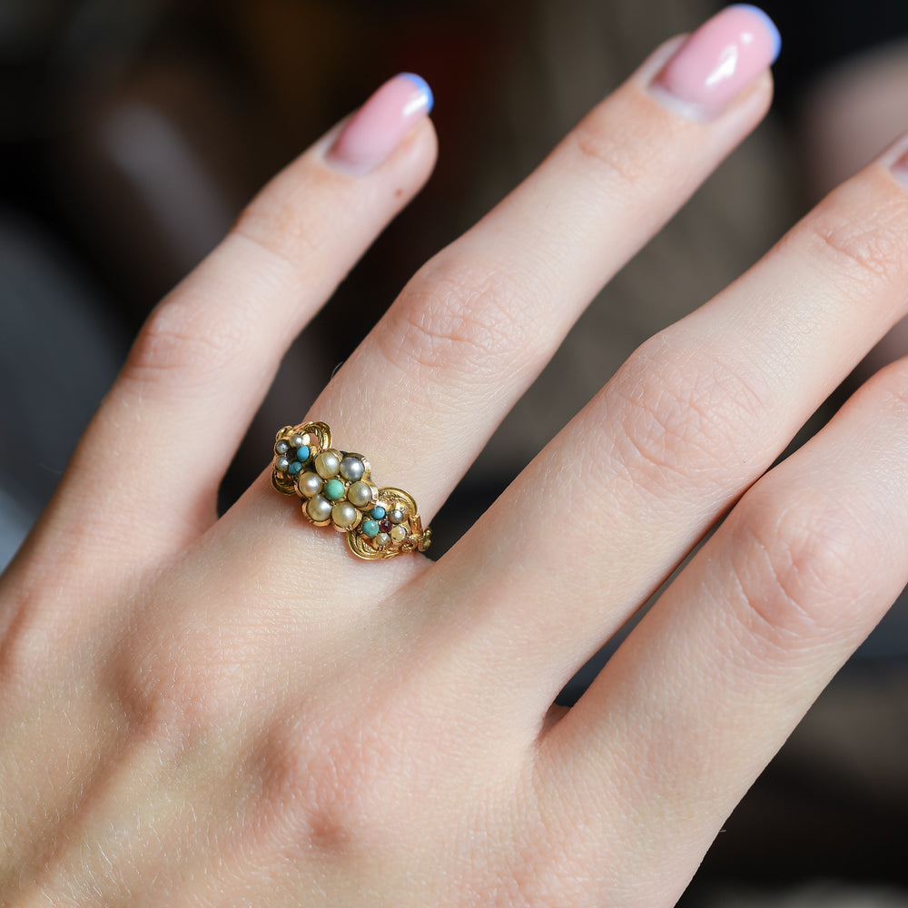 Georgian Turquoise, Pearl & Ruby Forget-Me-Not Ring