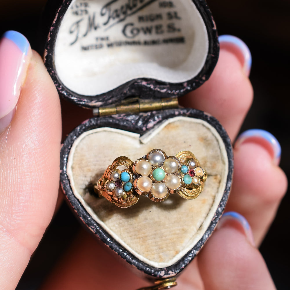 Georgian Turquoise, Pearl & Ruby Forget-Me-Not Ring
