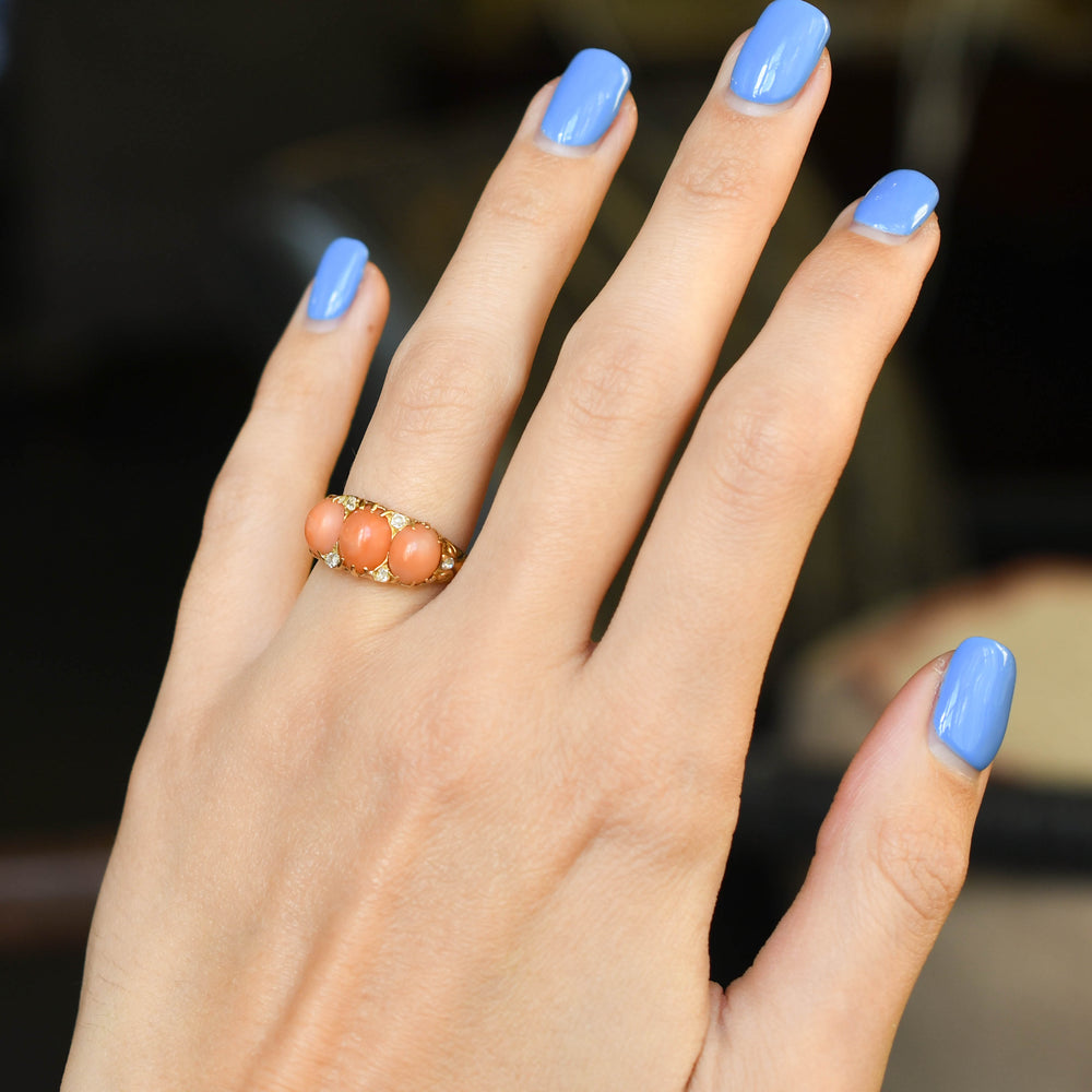 Victorian 3-Stone Coral & Diamond Ring