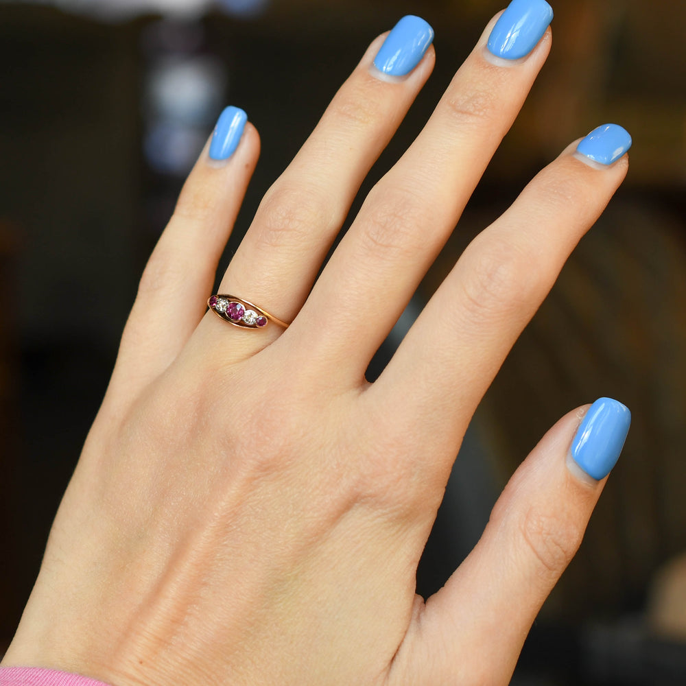 Art Nouveau Ruby & Diamond 5-Stone Crossover Ring