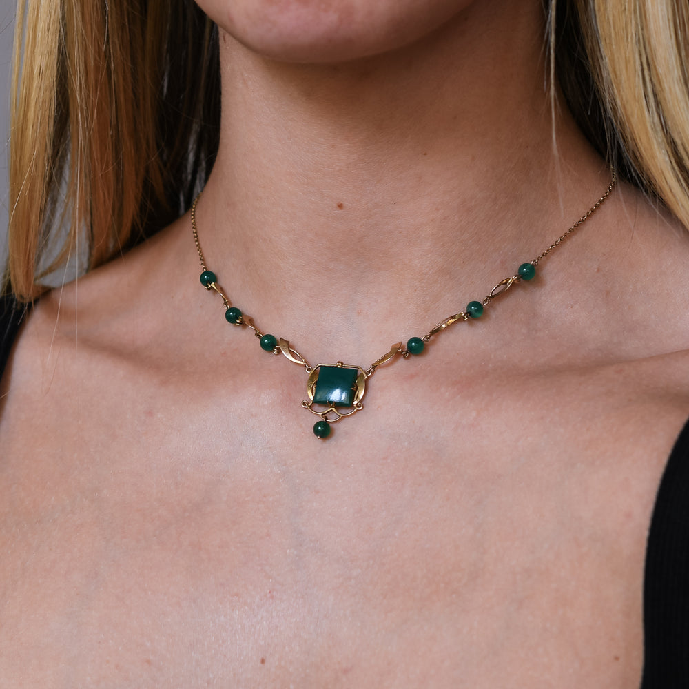 Arts & Crafts Chrysoprase & Gold Necklace