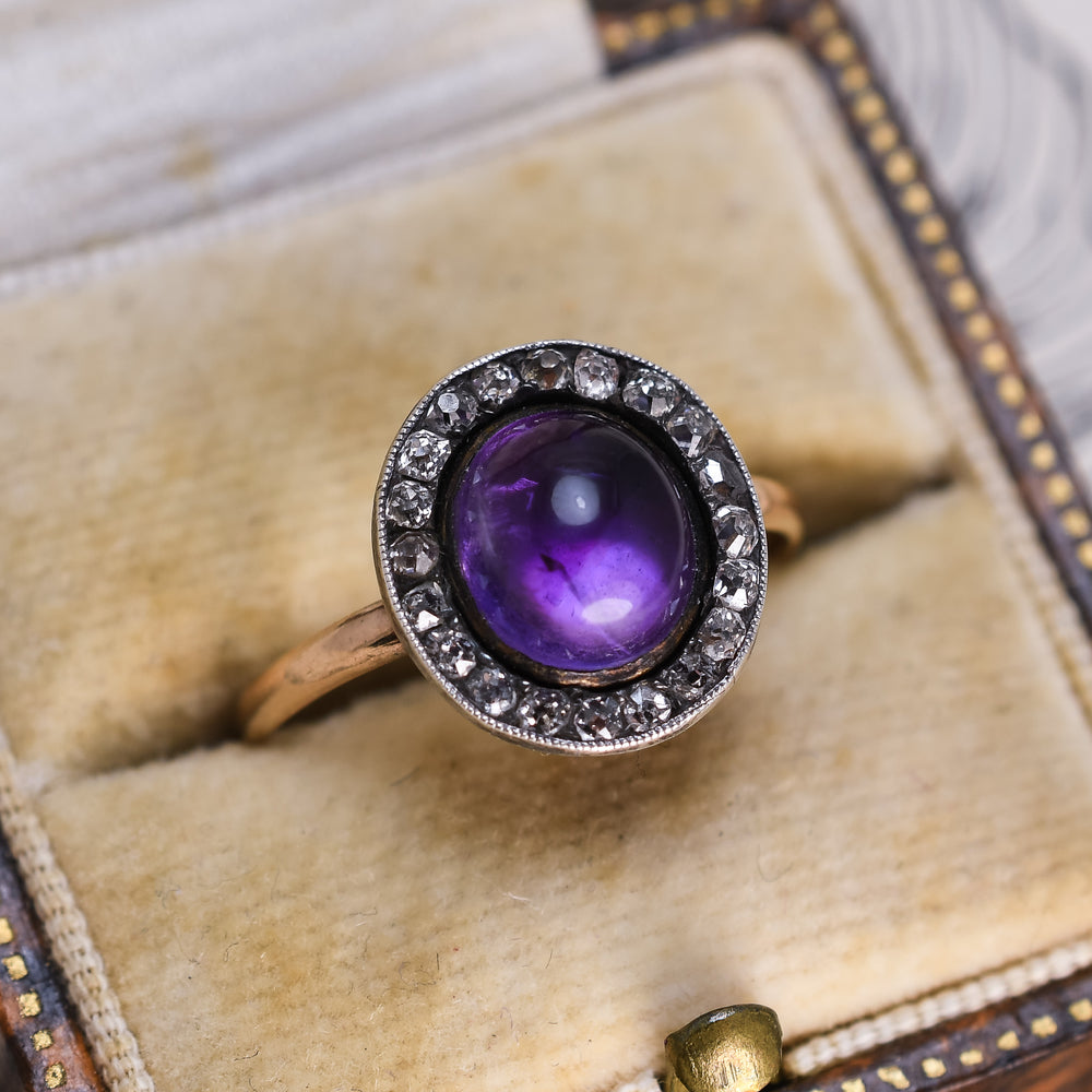 Georgian Cabochon Amethyst & Diamond Memorial Cluster Ring