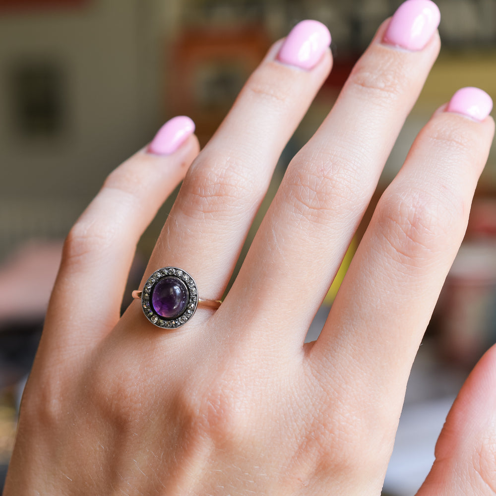 Georgian Cabochon Amethyst & Diamond Memorial Cluster Ring