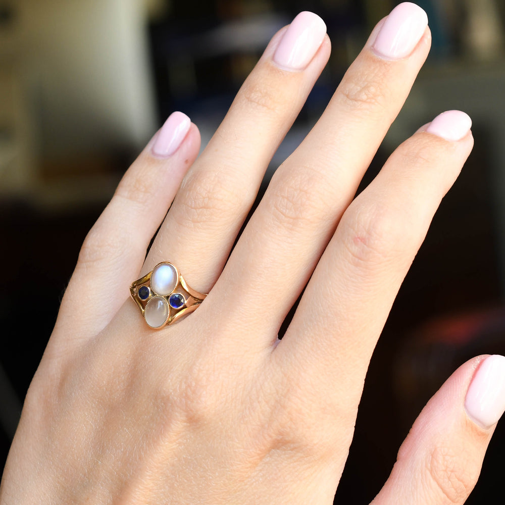 Arts & Crafts Moonstone & Sapphire Cluster Ring