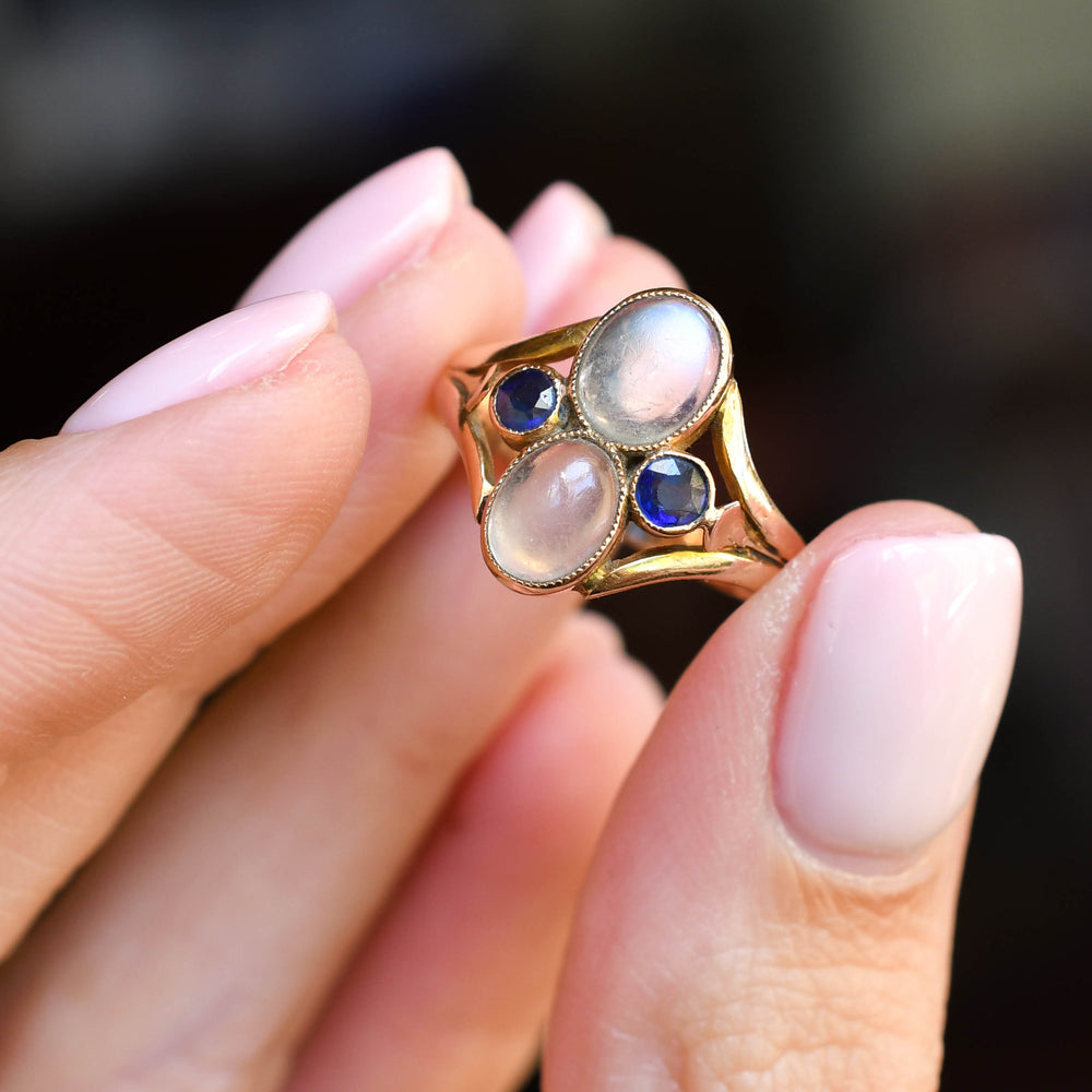 Arts & Crafts Moonstone & Sapphire Cluster Ring
