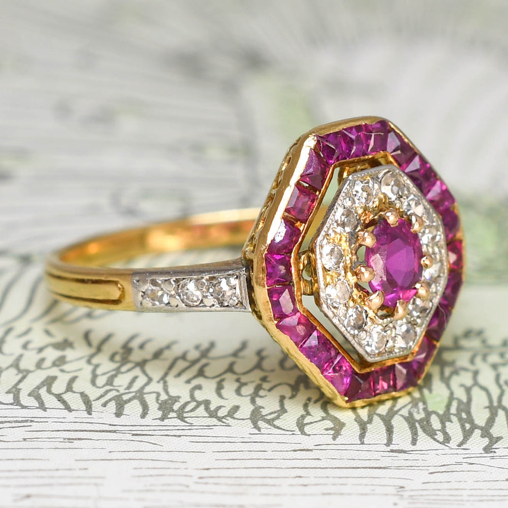 Edwardian Ruby & Diamond Target Cluster Ring