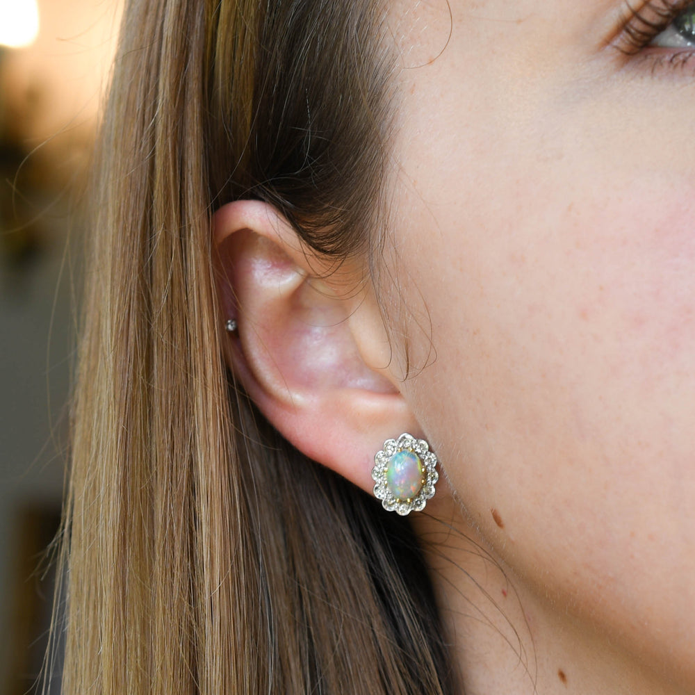 1930's Opal & Diamond Cluster Stud Earrings