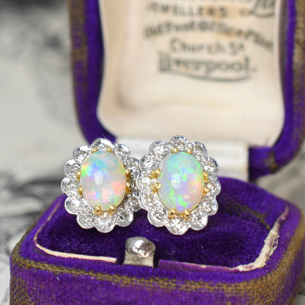 1930's Opal & Diamond Cluster Stud Earrings