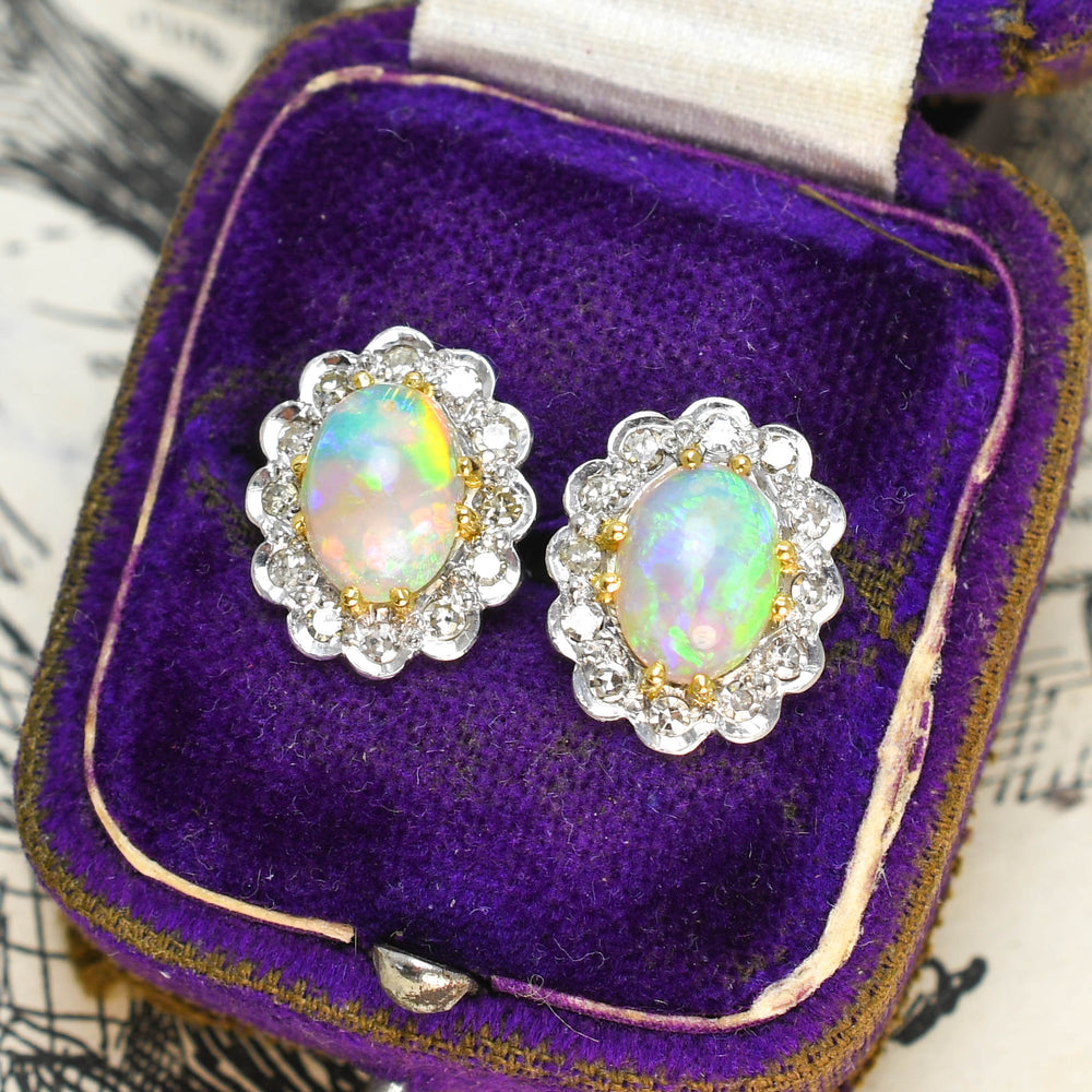 1930's Opal & Diamond Cluster Stud Earrings