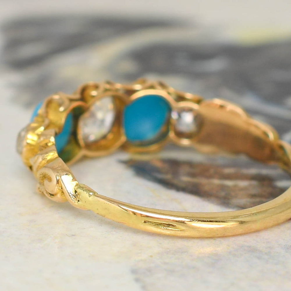 Georgian Turquoise & Diamond 5-Stone Half Hoop Ring
