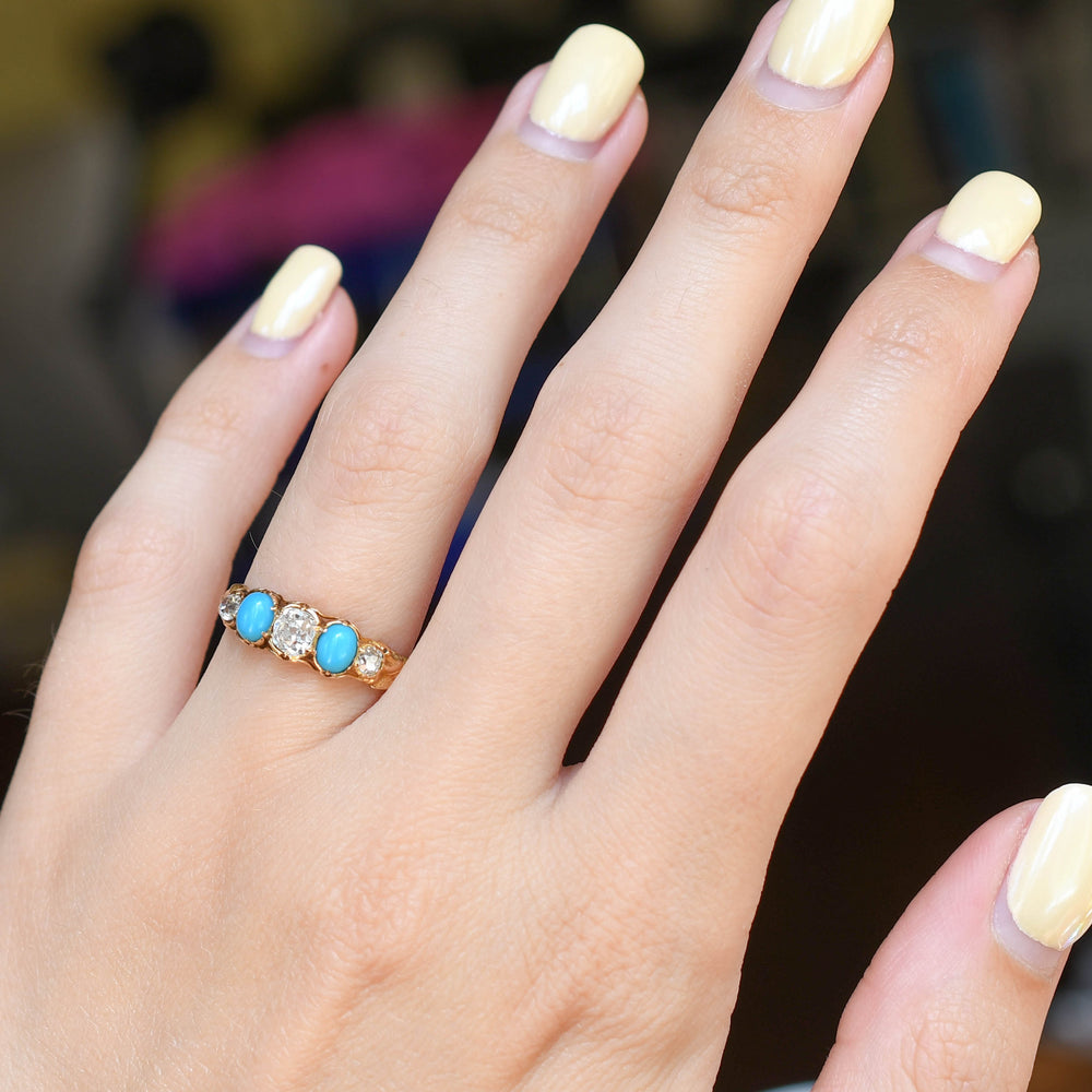 Georgian Turquoise & Diamond 5-Stone Half Hoop Ring