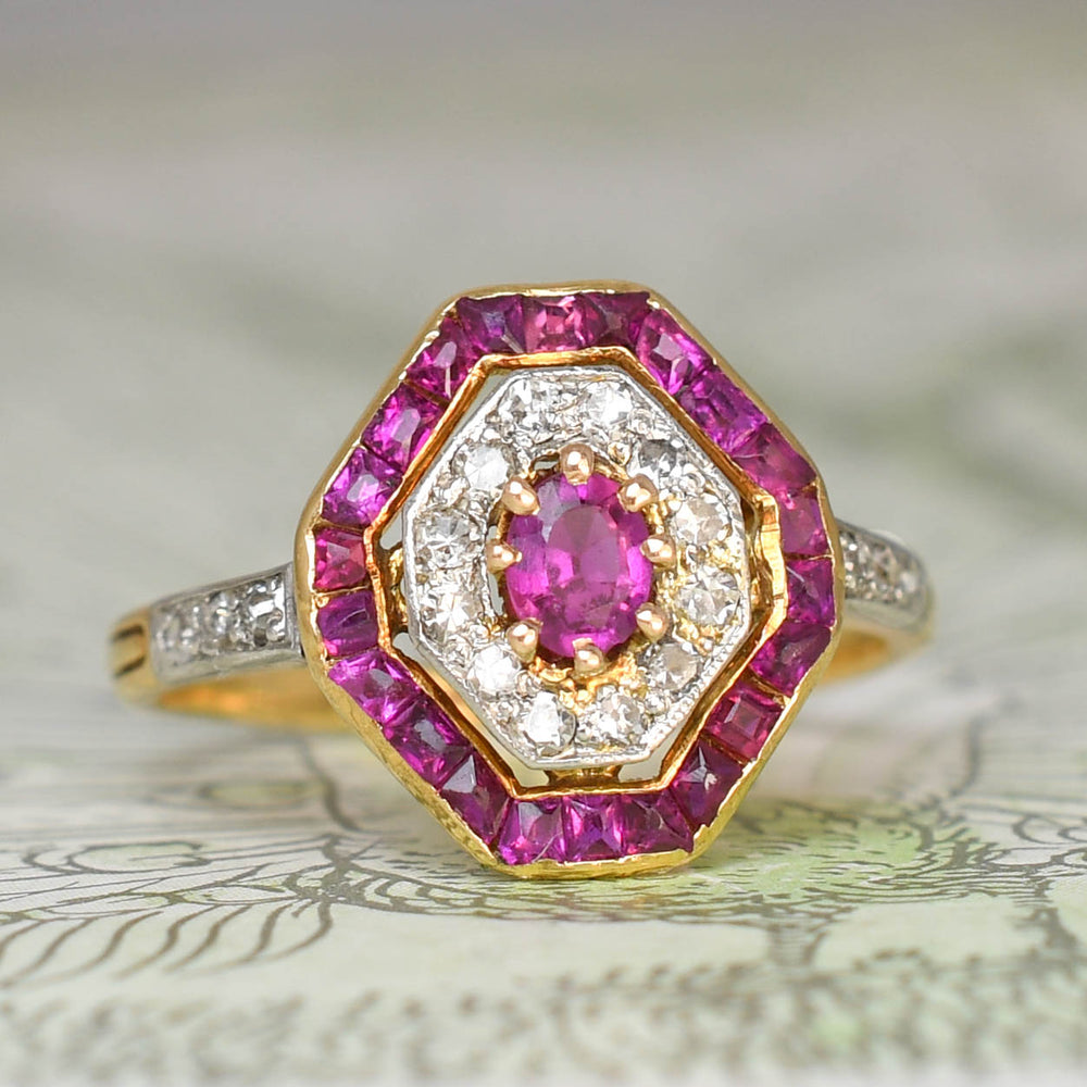 Edwardian Ruby & Diamond Target Cluster Ring