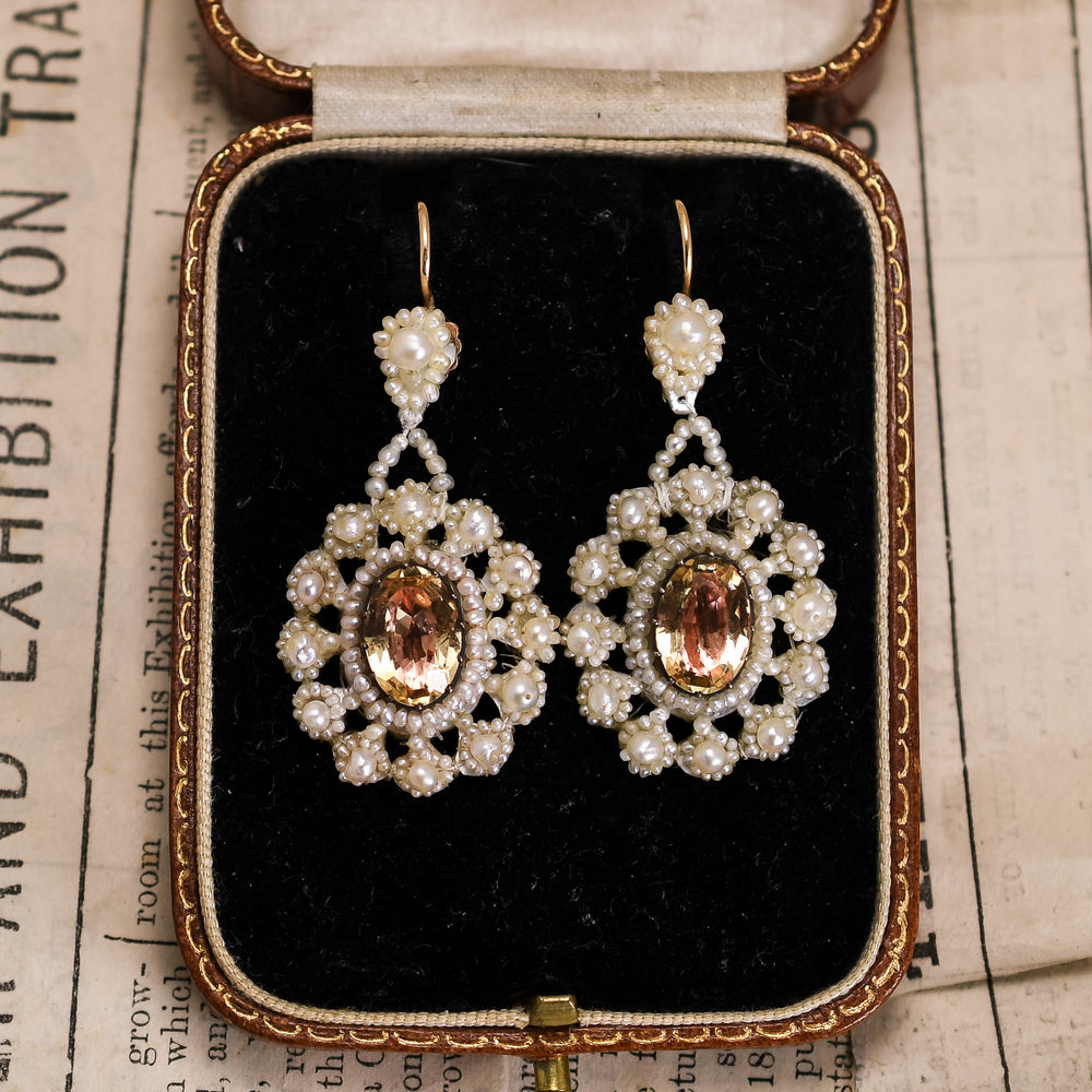 Georgian Topaz & Pearl Cluster Drop Earrings