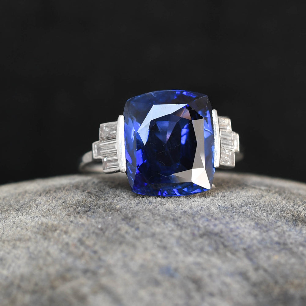 Art Deco 8ct Burma Sapphire & Baguette Cut Diamond Ring