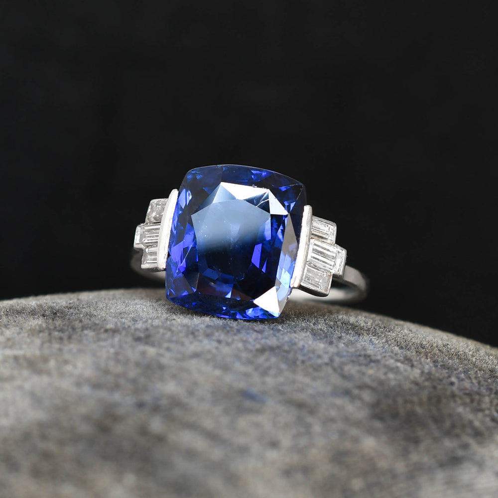 Art Deco 8ct Burma Sapphire & Baguette Cut Diamond Ring