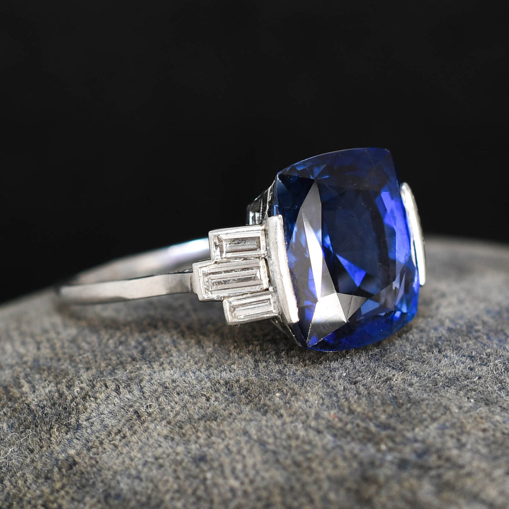 Art Deco 8ct Burma Sapphire & Baguette Cut Diamond Ring