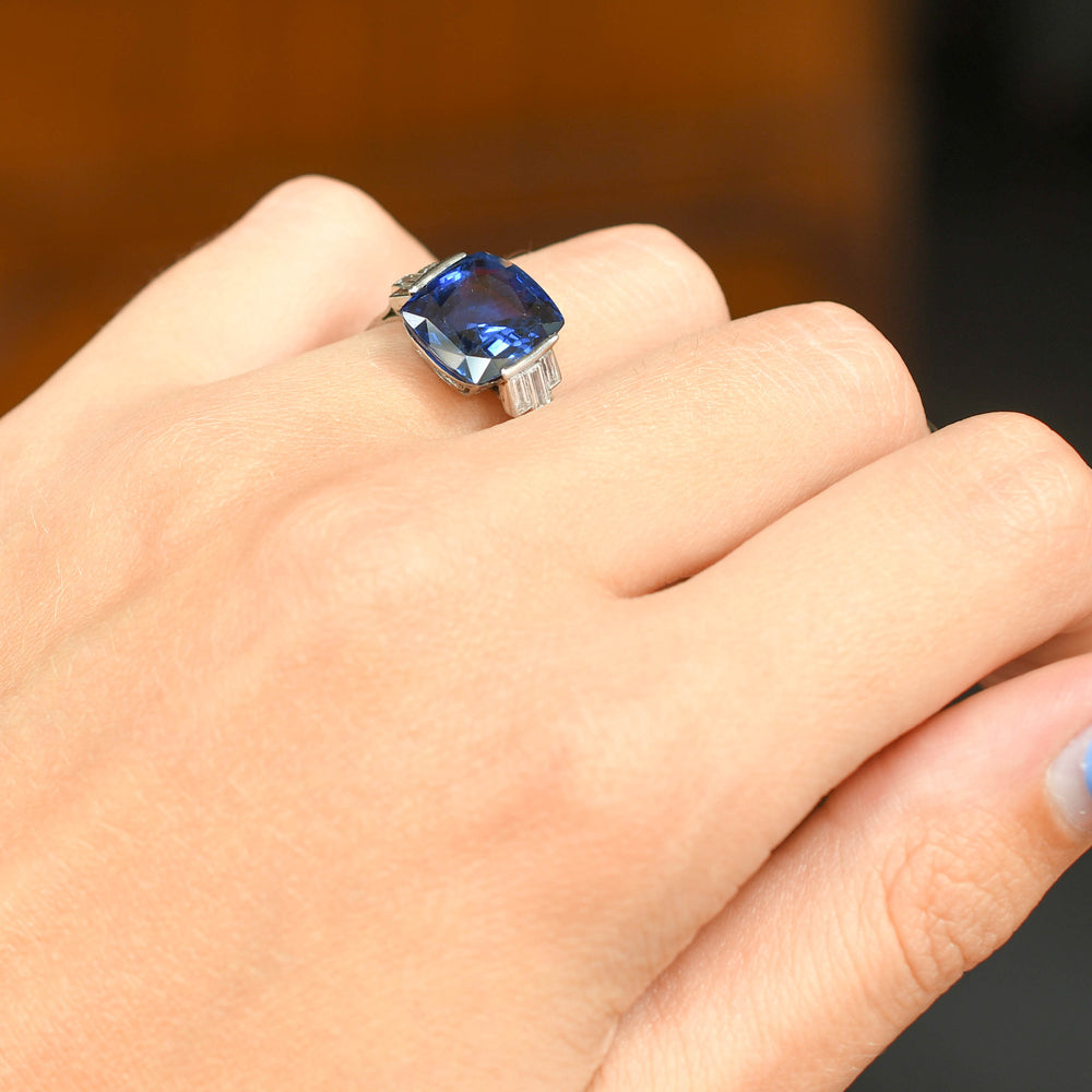 Art Deco 8ct Burma Sapphire & Baguette Cut Diamond Ring