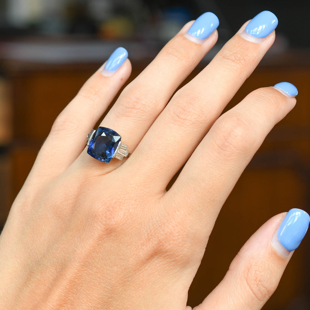 Art Deco 8ct Burma Sapphire & Baguette Cut Diamond Ring