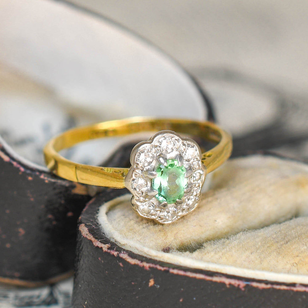 Late Deco Emerald & Diamond Daisy Cluster Ring