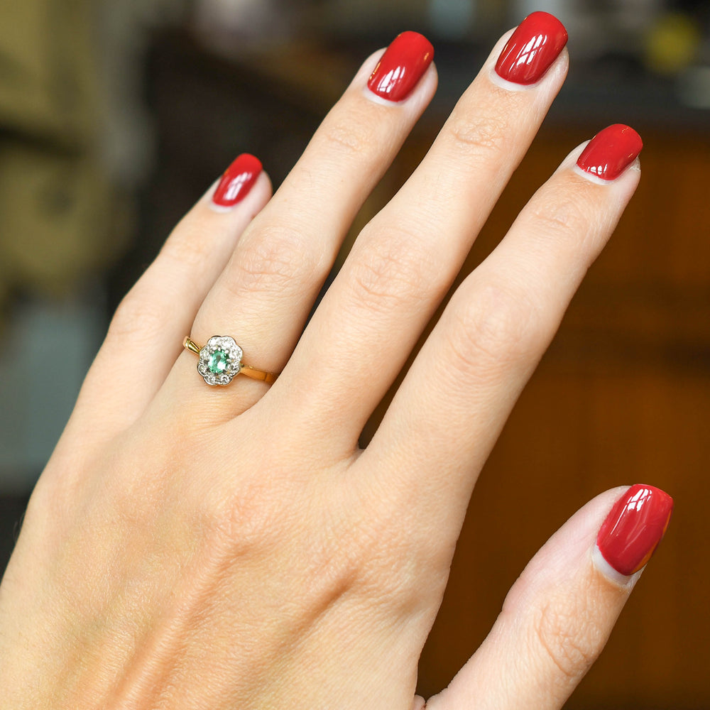 Late Deco Emerald & Diamond Daisy Cluster Ring