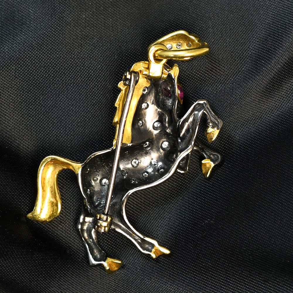 Vintage Diamond & Ruby Horse Brooch Pendant