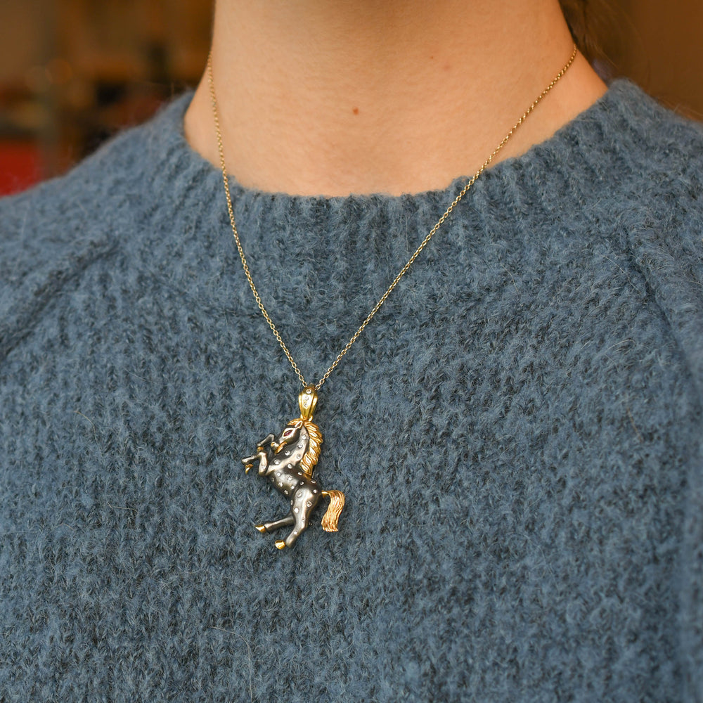 Vintage Diamond & Ruby Horse Brooch Pendant