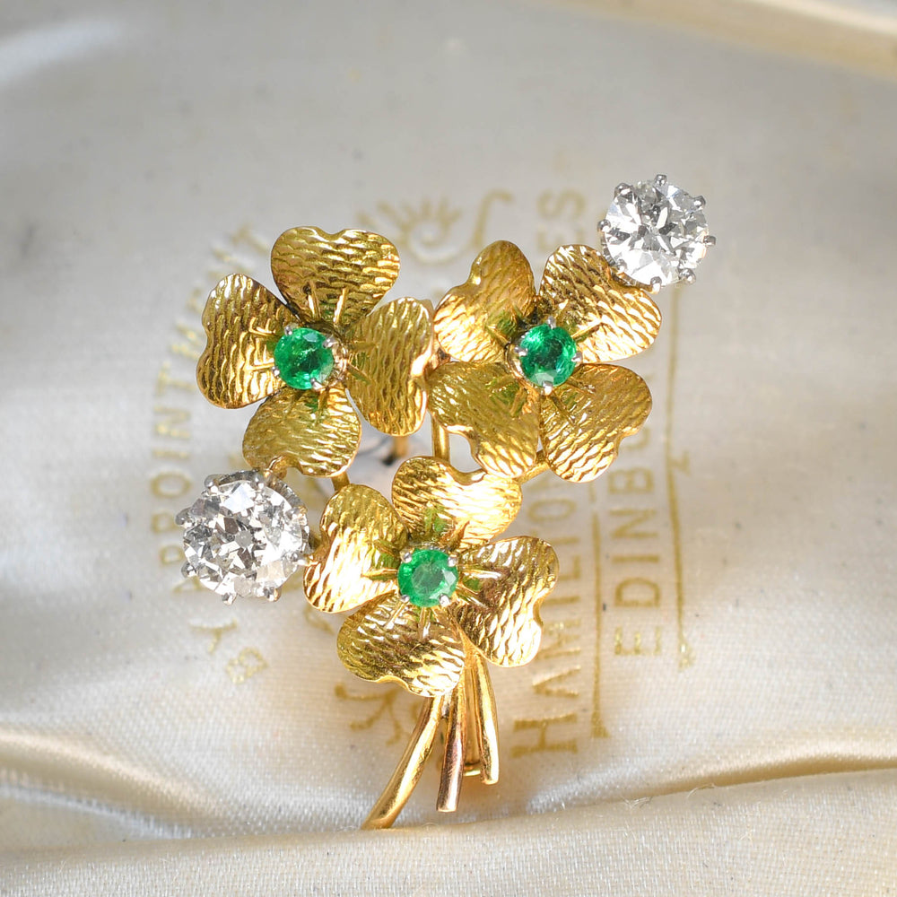Antique French Emerald & Diamond Flower Bunch Brooch