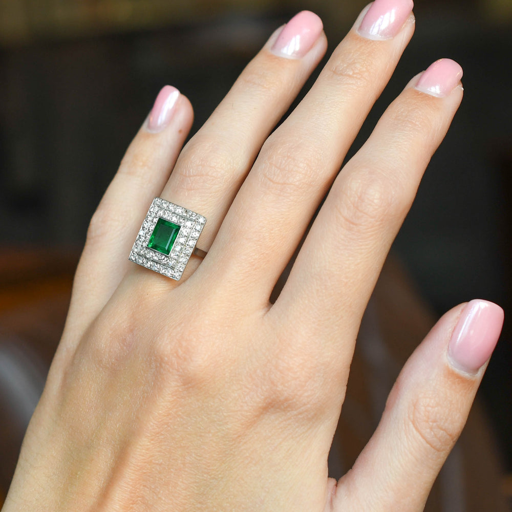 Art Deco Emerald & Diamond Square Cluster Ring