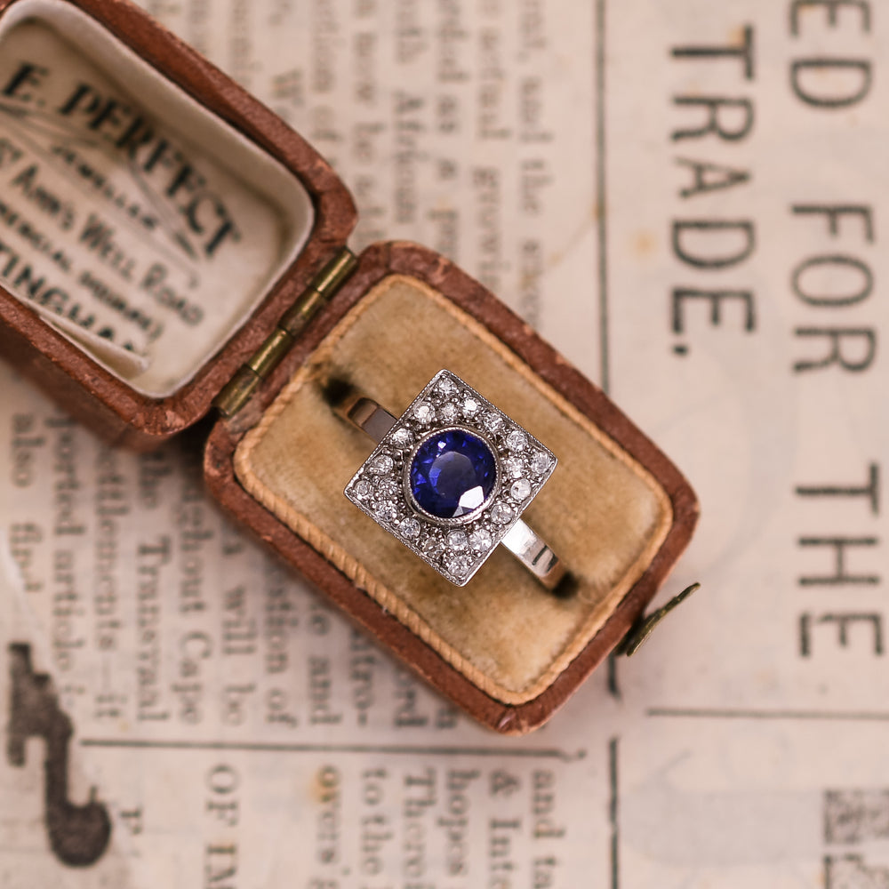 Art Deco Sapphire & Diamond Square Cluster Ring