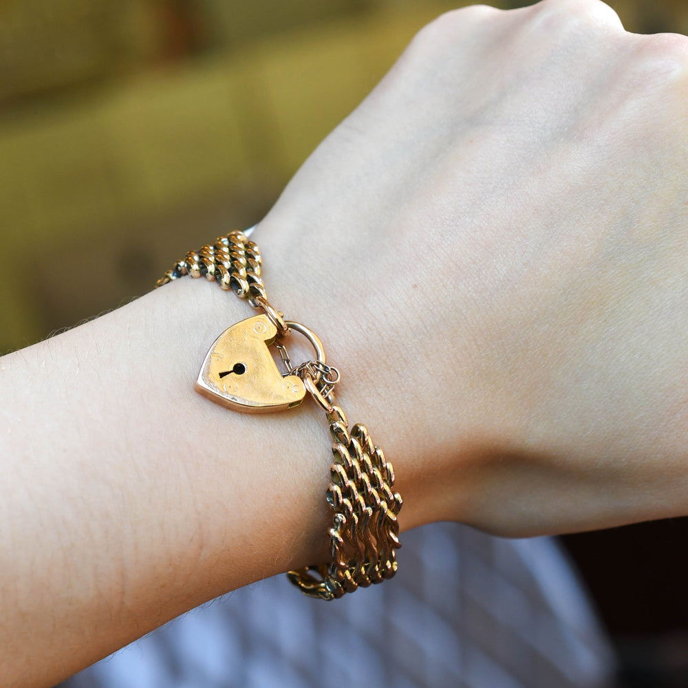 Edwardian 18k Gold Gate-Link Bracelet with Heart Padlock