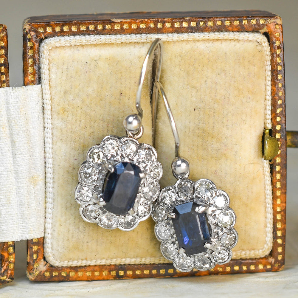Art Deco Sapphire & Diamond Flower Cluster Drop Earrings