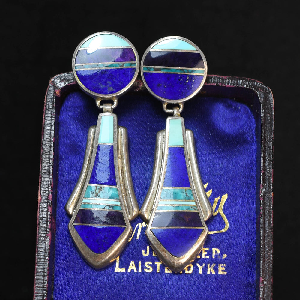 1920's Silver Lapis, Turquoise & Agate Inlay Drop Earrings